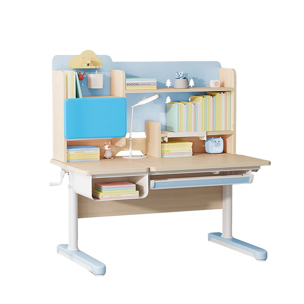 FCD Wood Adjustable Height Ergonomic Kids Study Desk Drafting Table Computer Station Built-in Bookshelf Hutch Multi Function Desktop 43.3" Width (Pink)