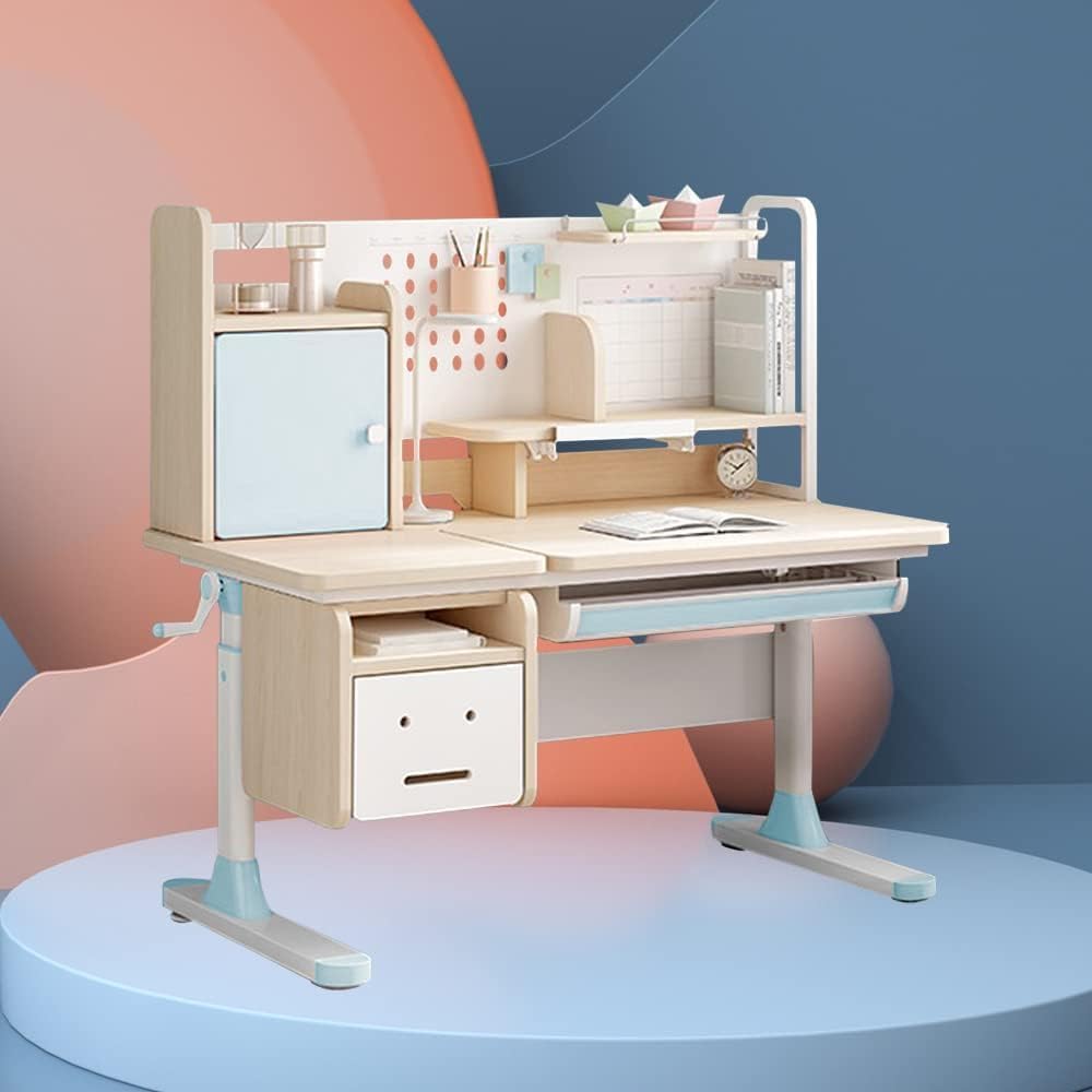 FCD Kids Study Desk and Chair, Wood Adjustable Height Ergonomic Reading Study Table with Tiltable Desktop, Pull-Out Drawer, Bookshelf Hutch, Tablet Holder and Storage Drawer (Desk with Chair, Blue)