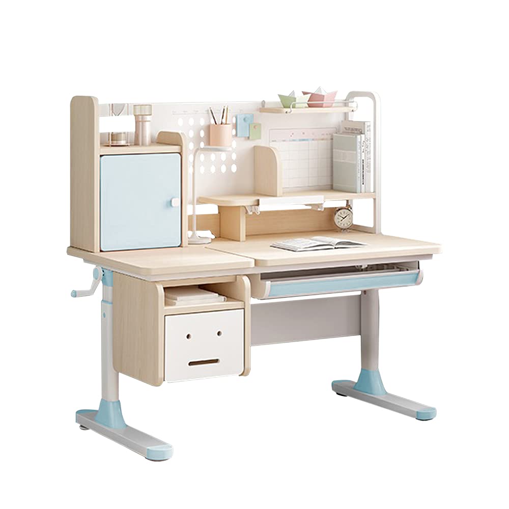 FCD Kids Study Desk and Chair, Wood Adjustable Height Ergonomic Reading Study Table with Tiltable Desktop, Pull-Out Drawer, Bookshelf Hutch, Tablet Holder and Storage Drawer (Desk with Chair, Blue)