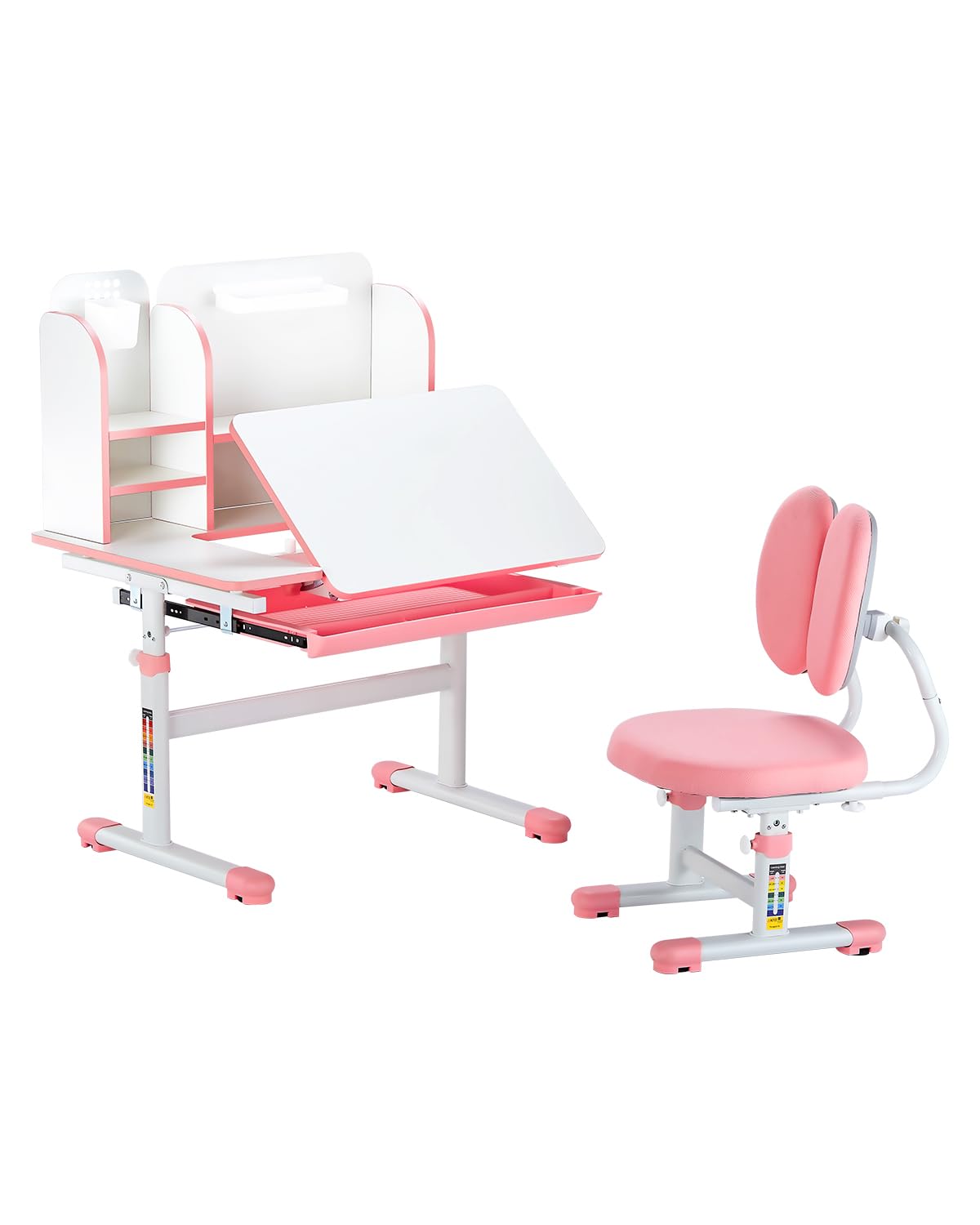 VEVOR Kids Study Chair and Desk Set, Study Desk and Chair for Kids with Bookshelf and Storage Drawer, Adjustable Height Kids Study Desk with Chair, Children Study Table for Bedroom & Study Room, Pink