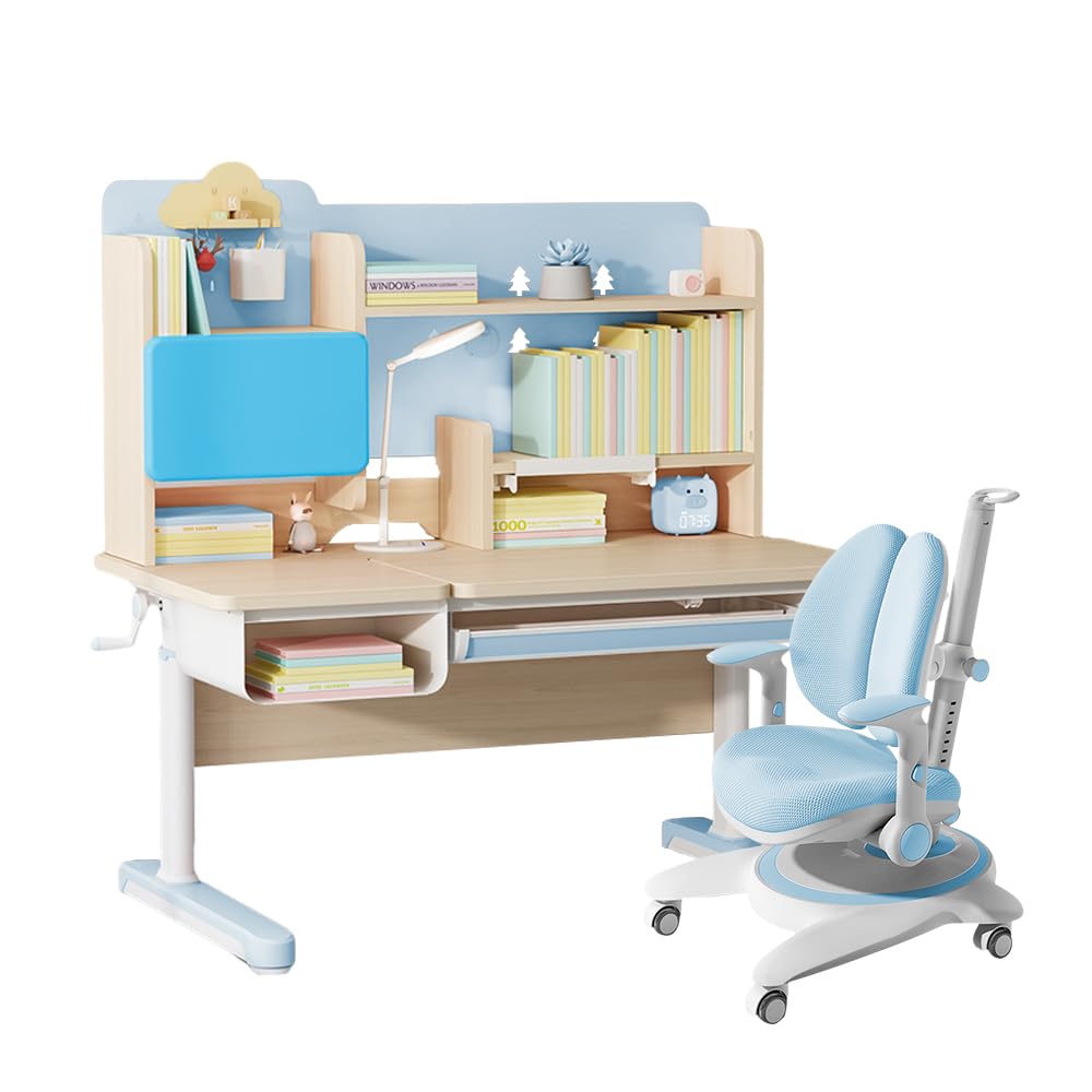 FCD Kids Desk and Chair, Customed Gift, Adjustable Height Ergonomic Children Study Writing Reading Desk with Tilted Desktop, Tablet Stand and Storage Drawers (Personalized Wish Can Be Printed)