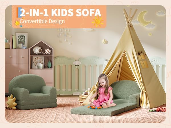 Kids Sofa Chair, Foldable Kids Couch, Fold Out Couch with Blanket