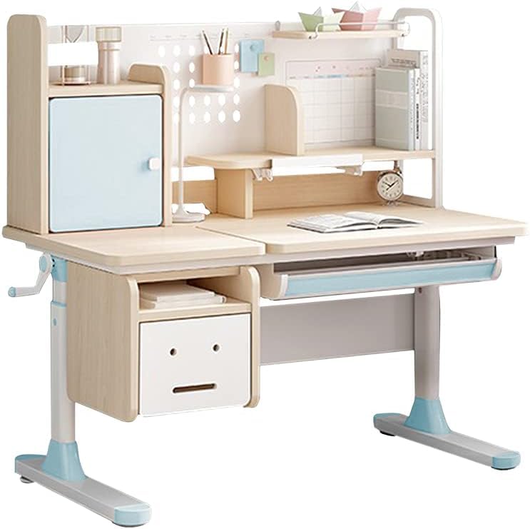 FCD Kids Desk, Wood Ergonomic Adjustable Multi Function Study Desk for Students, Drafting Table and Computer Station with Tilt Desktop, Tablet Holder, Storage Cabinet, Drawers and Bookshelf, Pink