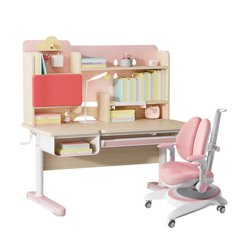 FCD Kids Desk and Chair, Customed Gift, Adjustable Height Ergonomic Children Study Writing Reading Desk with Tilted Desktop, Tablet Stand and Storage Drawers (Personalized Wish Can Be Printed)