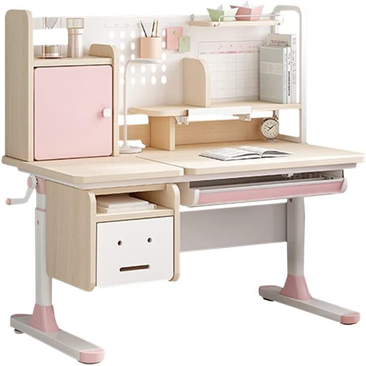FCD Kids Desk, Wood Ergonomic Adjustable Multi Function Study Desk for Students, Drafting Table and Computer Station with Tilt Desktop, Tablet Holder, Storage Cabinet, Drawers and Bookshelf, Pink
