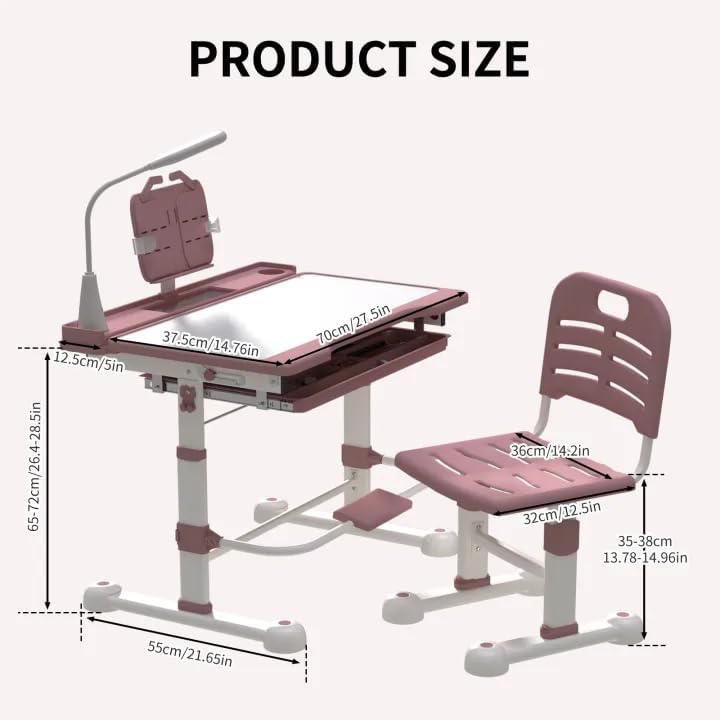 Height Adjustable Pink Desk and Chair 2PCS Set for Kids Aged 4-12