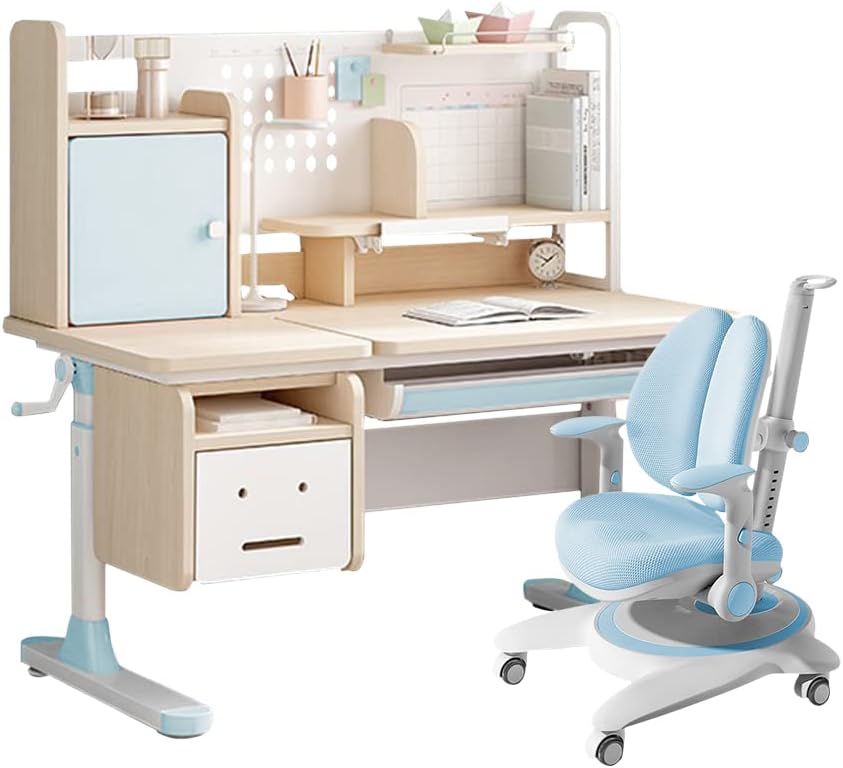 FCD Kids Desk and Chair Wood Adjustable Height Ergonomic Reading Study Table with Tiltable Desktop, Pull-Out Drawer, Bookshelf Hutch, Tablet Holder and Storage Drawer (Desk with Chair, Blue)