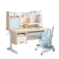 FCD Kids Desk and Chair Wood Adjustable Height Ergonomic Reading Study Table with Tiltable Desktop, Pull-Out Drawer, Bookshelf Hutch, Tablet Holder and Storage Drawer (Desk with Chair, Blue)