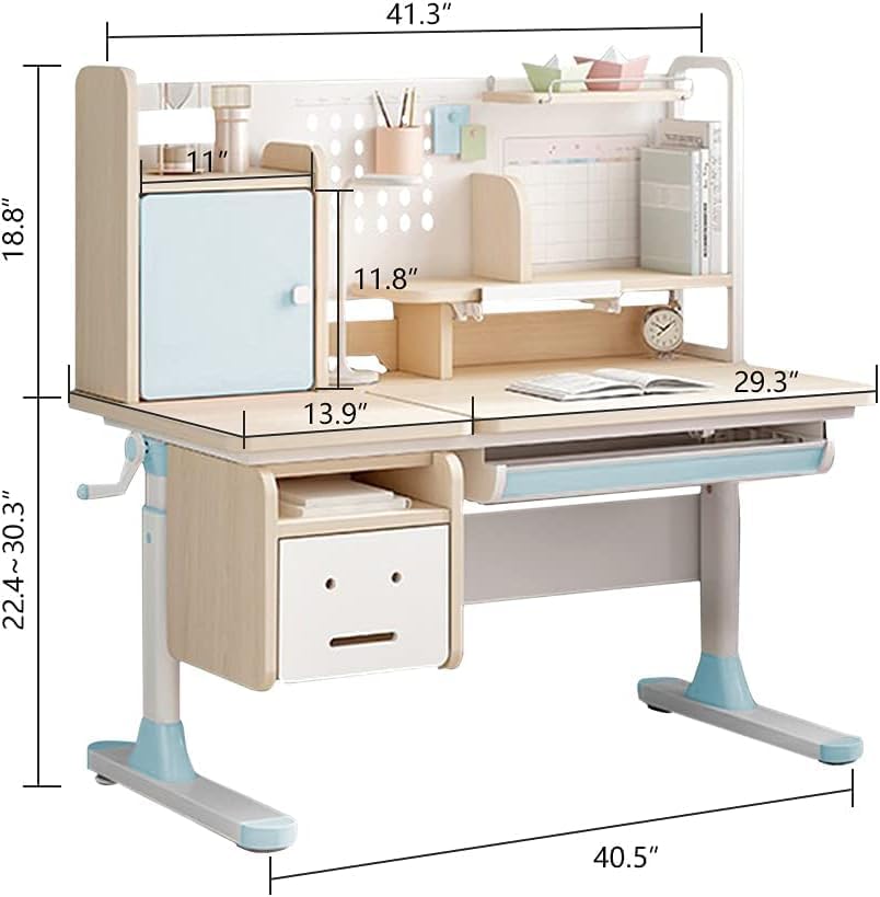 FCD Kids Desk and Chair Wood Adjustable Height Ergonomic Reading Study Table with Tiltable Desktop, Pull-Out Drawer, Bookshelf Hutch, Tablet Holder and Storage Drawer (Desk with Chair, Blue)