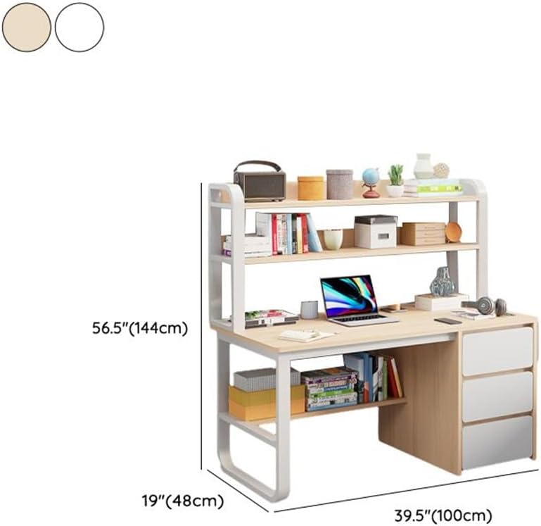 Rectangular Children's Desk Storage Table with 3 Drawers Bookshelf Modern Writing Table Shelves Work Desk PC Table Home Office Corner Study Desk -Wood 39.5" L x 19" W x 57" H