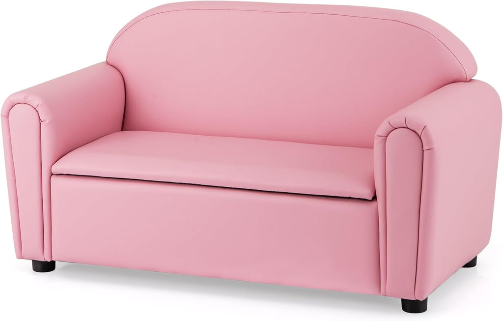 HONEY JOY Kids Sofa, 2 Seats Couch Armrest Chair, Toddler Lounge Bed with Wood Frame, Storage Box, Children Sized Sofa for Living Room, Bedroom (Pink)