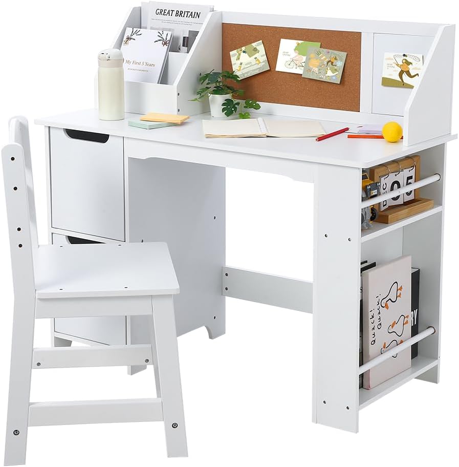 IDEALHOUSE Wooden Kids Study Desk and Chair Set, Desk for Boys and Girls