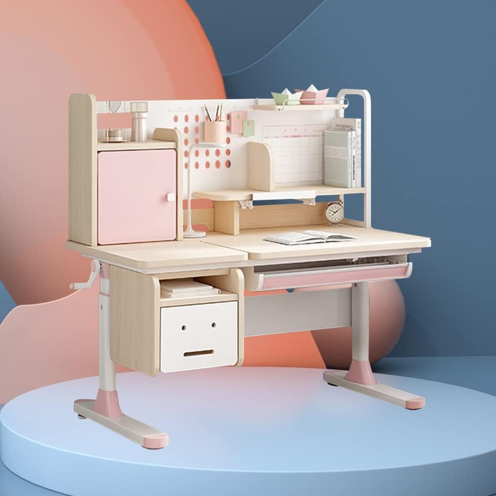 FCD Ergonomic Multi Function Wood Adjustable Kids Study Desk Drafting Table and Computer Station with Book Shelf and Hutch (Desk-310 Only, Pink)