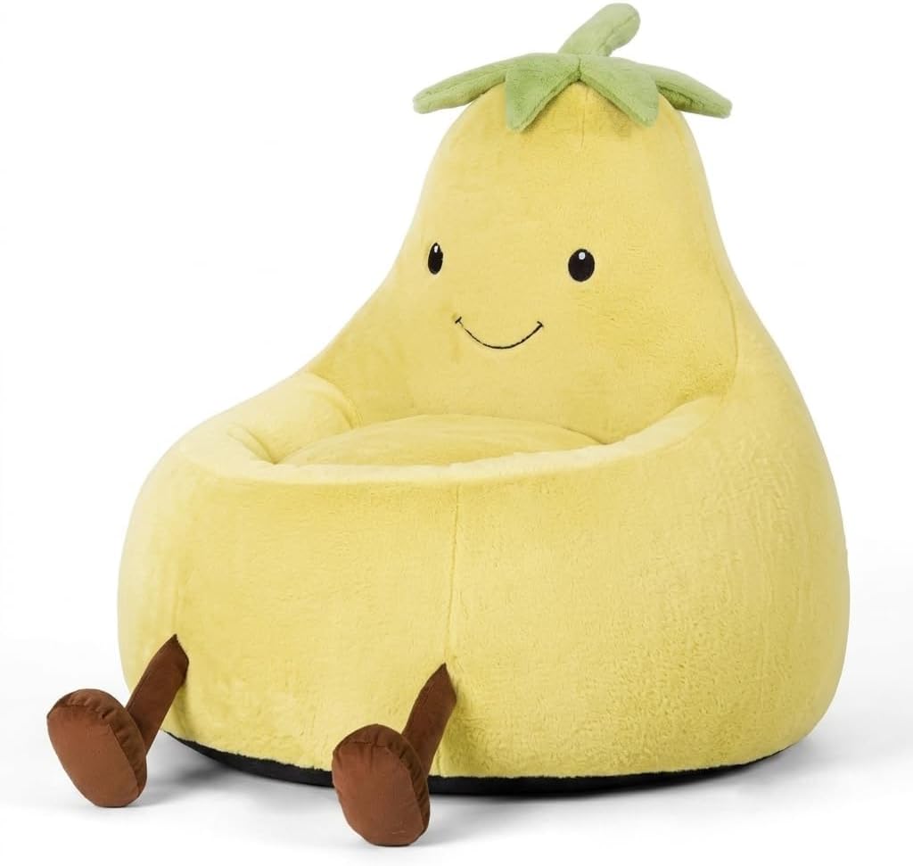 Kids Bean Bag Chair, Yellow Cartoon Animal Plush Floor Sofa with Faux Rabbit Fur Cover, Comfy Reading Chair for Toddlers & Teens, 24 Inch