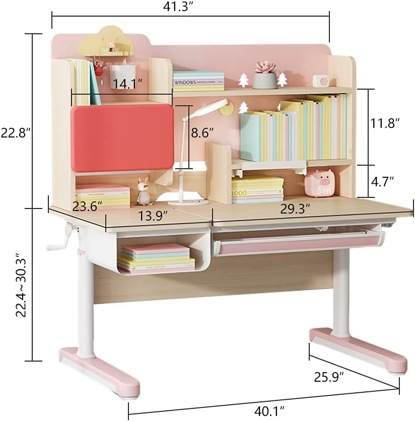 FCD Wood Adjustable Height Ergonomic Kids Study Desk Drafting Table Computer Station Built-in Bookshelf Hutch Multi Function Desktop 43.3" Width (Pink)
