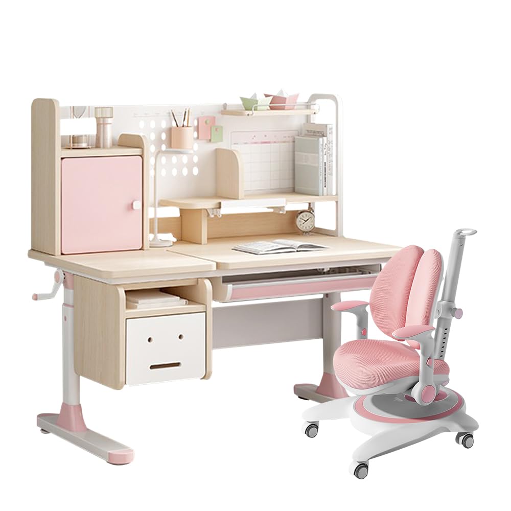FCD Kids Desk and Chair Wood Adjustable Height Ergonomic Reading Study Table with Tiltable Desktop, Pull-Out Drawer, Bookshelf Hutch, Tablet Holder and Storage Drawer (Desk with Chair, Blue)