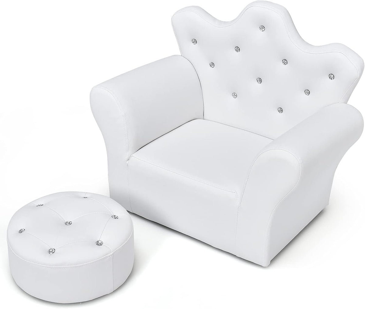 MAT EXPERT Toddler Couch with Ottoman, Kids Royal Sofa Couch with Smooth PVC Leather, Crown Shape & Diamond Buckle Decoration, Upholstered Kids Sofa, Ideal for Boys & Girls Age 3-5 (White)