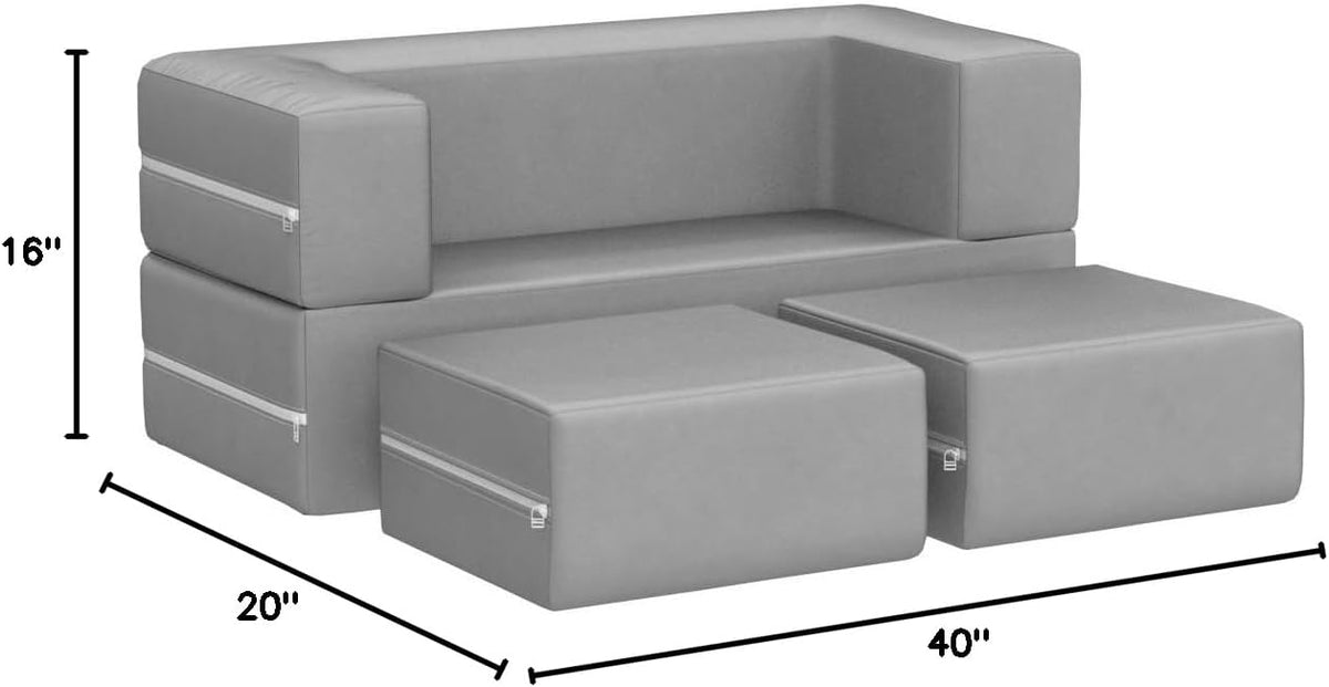 Jaxx Zipline Kids Modular Loveseat & Ottomans/Fold Out Lounger, Platinum
