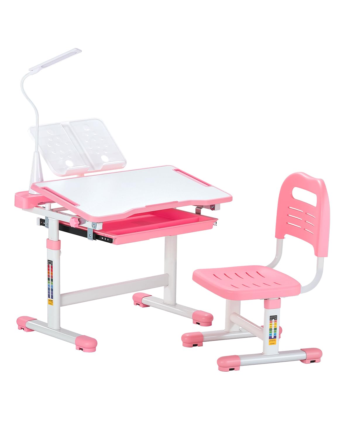 VEVOR Kids Study Chair and Desk Set, Study Desk and Chair for Kids with Bookshelf and Storage Drawer, Adjustable Height Kids Study Desk with Chair, Children Study Table for Bedroom & Study Room, Pink