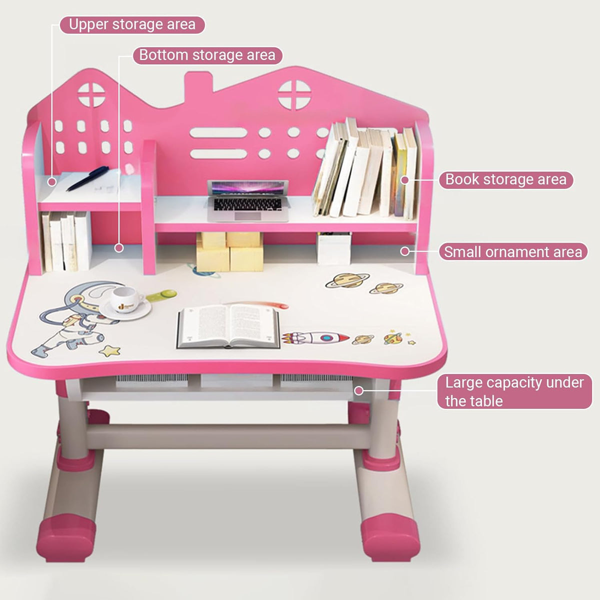 cdar Kids Desk Chair Set,Multi Functional Widened Children Desktop with Tilt Book Stand Drawer Cartoon Pattern School Height Adjustable Study Table and Set for Boys Girls (Cartoon Pink)