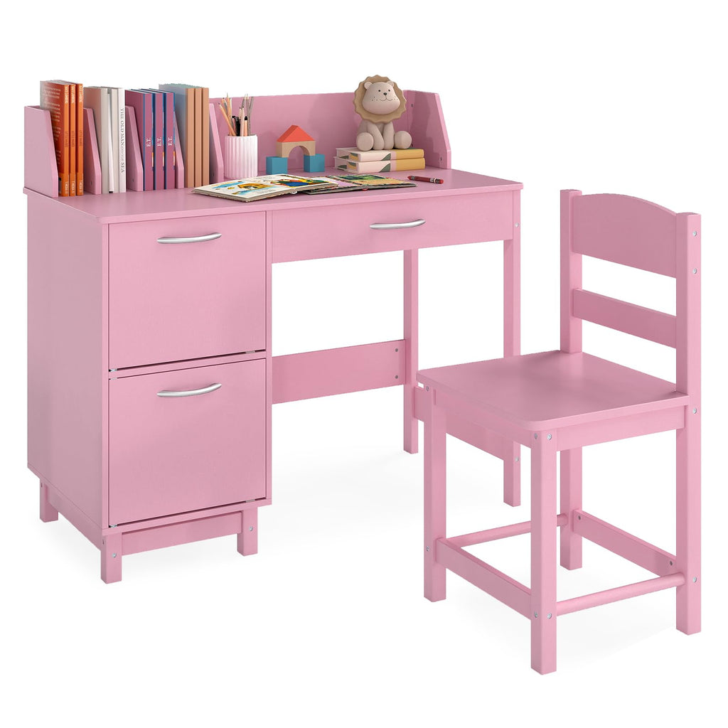 HONEY JOY Kids Desk and Chair Set, Wooden Children School Study Table and Chair w/Drawer, Storage Shelf & Cabinets, Student Computer Workstation Writing Desk for Bedroom, 3-8 Years Old (White)