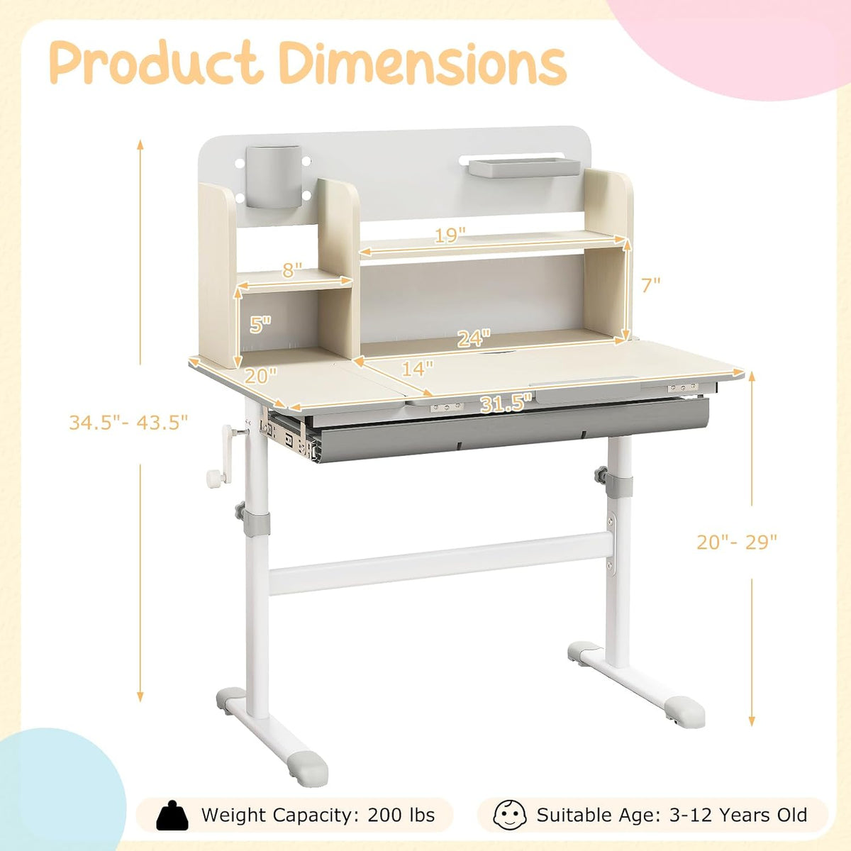 GLACER Desk for Kids, Ergonomic Children Standing School Table with 0-60° Tiltable Surface, Pen Holder, Height Adjustable Kids Study Desk, Wooden Workstation for Little Boys and Girls Aged 3-12 (Gray)