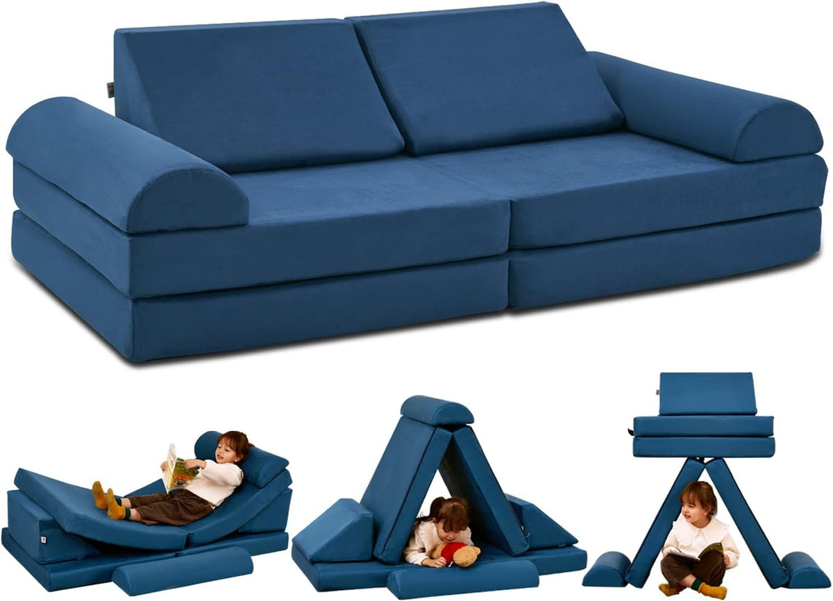 jela Kids Play Couch, Safety Certified Toddler Modular Foam Couch,Convertible Playroom Furniture,Soft Building Fort Set Indoor (57"x28"x18", Navy Blue)