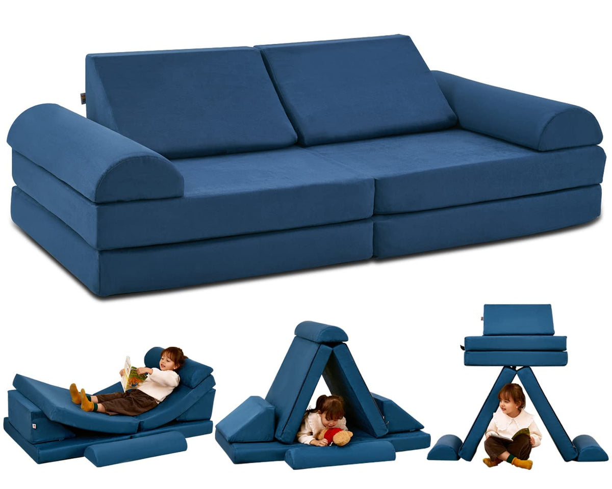 jela Kids Play Couch, Safety Certified Toddler Modular Foam Couch,Convertible Playroom Furniture,Soft Building Fort Set Indoor (57"x28"x18", Navy Blue)