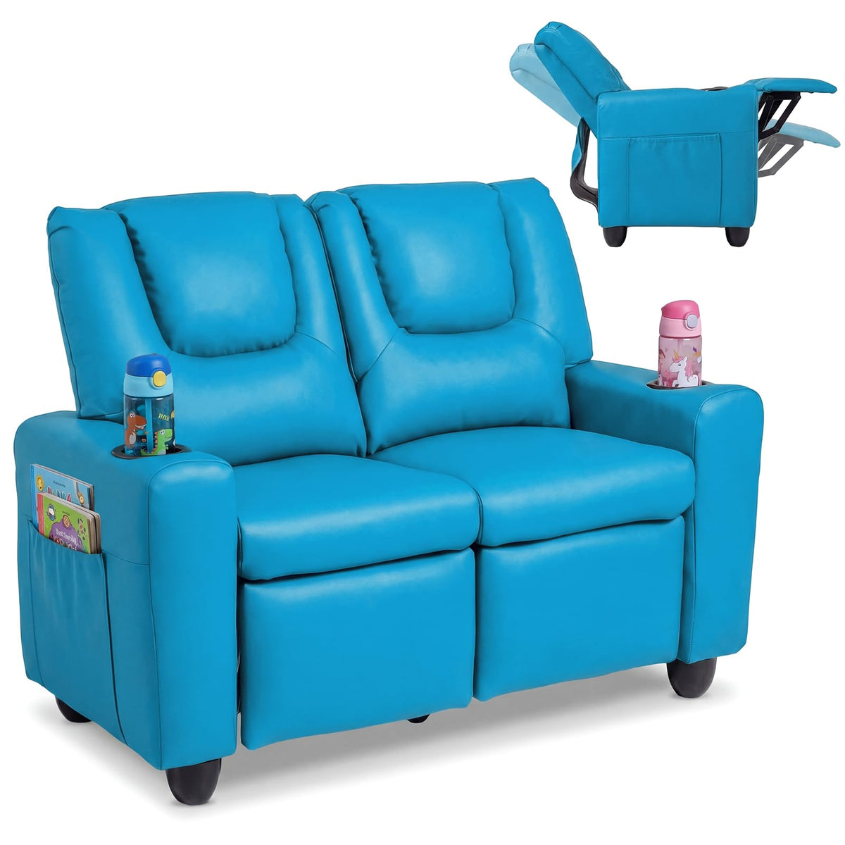 Costzon 2-Seater Kids Recliner, PU Leather Kids Loveseat w/2 Cup Holders & 2 Side Storage Pockets, Toddler Lounge Sofa Chair Couch w/Adjustable Backrest & Footrest for Girls & Boys 3+ Years Old Gifts