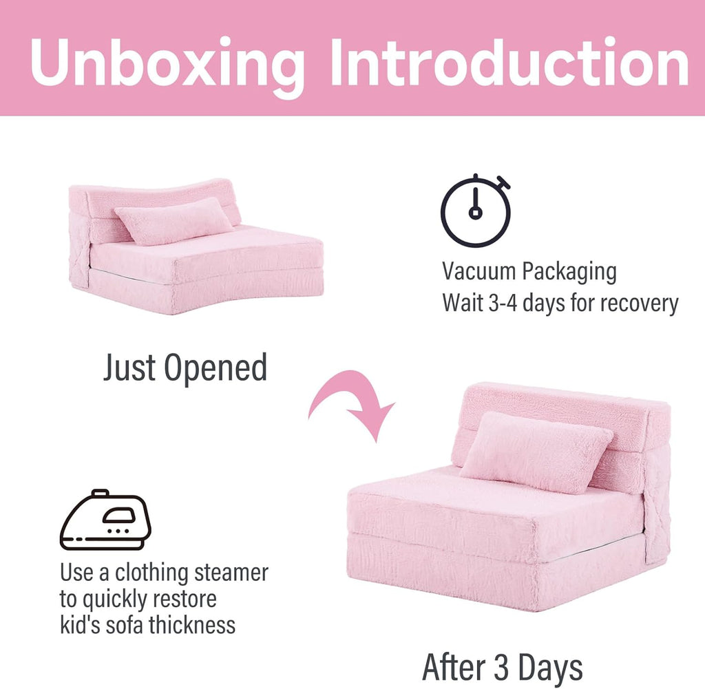 Tiita Convertible Folding Kids Sofa Bed with Pillow & Storage Bag, Plush Fabric Floor Mattress Couch Bed, Washable Cover, Kids Room, Playroom, Dorm, Apartment, Pink