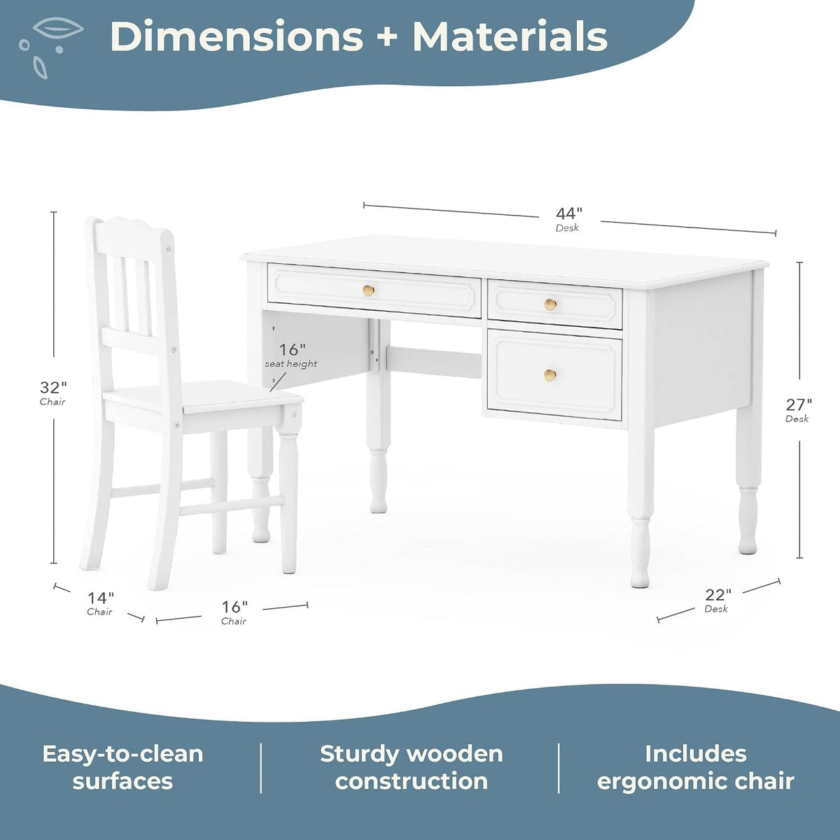 Guidecraft Avery Kids' Desk and Chair Set - White: Girls Wooden Study Desk with Storage Drawers, Computer Workstation for Children