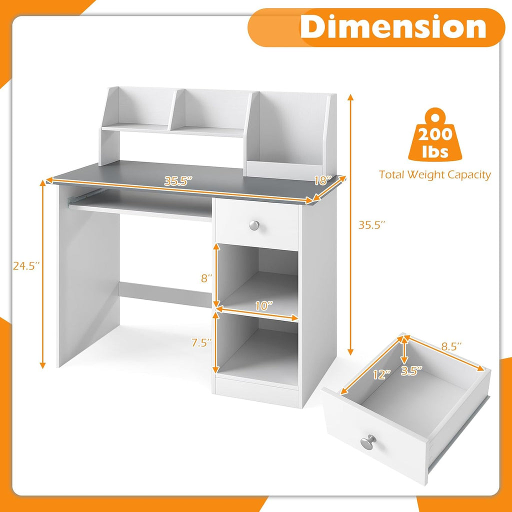 Costzon Kids Desk, Wooden Children Study Desk w/Hutch, Storage Shelves, Bookshelf & Keyboard Tray for Home School Writing or Reading, Computer Workstation Student Table for Boy Girl 3-6 (Gray)