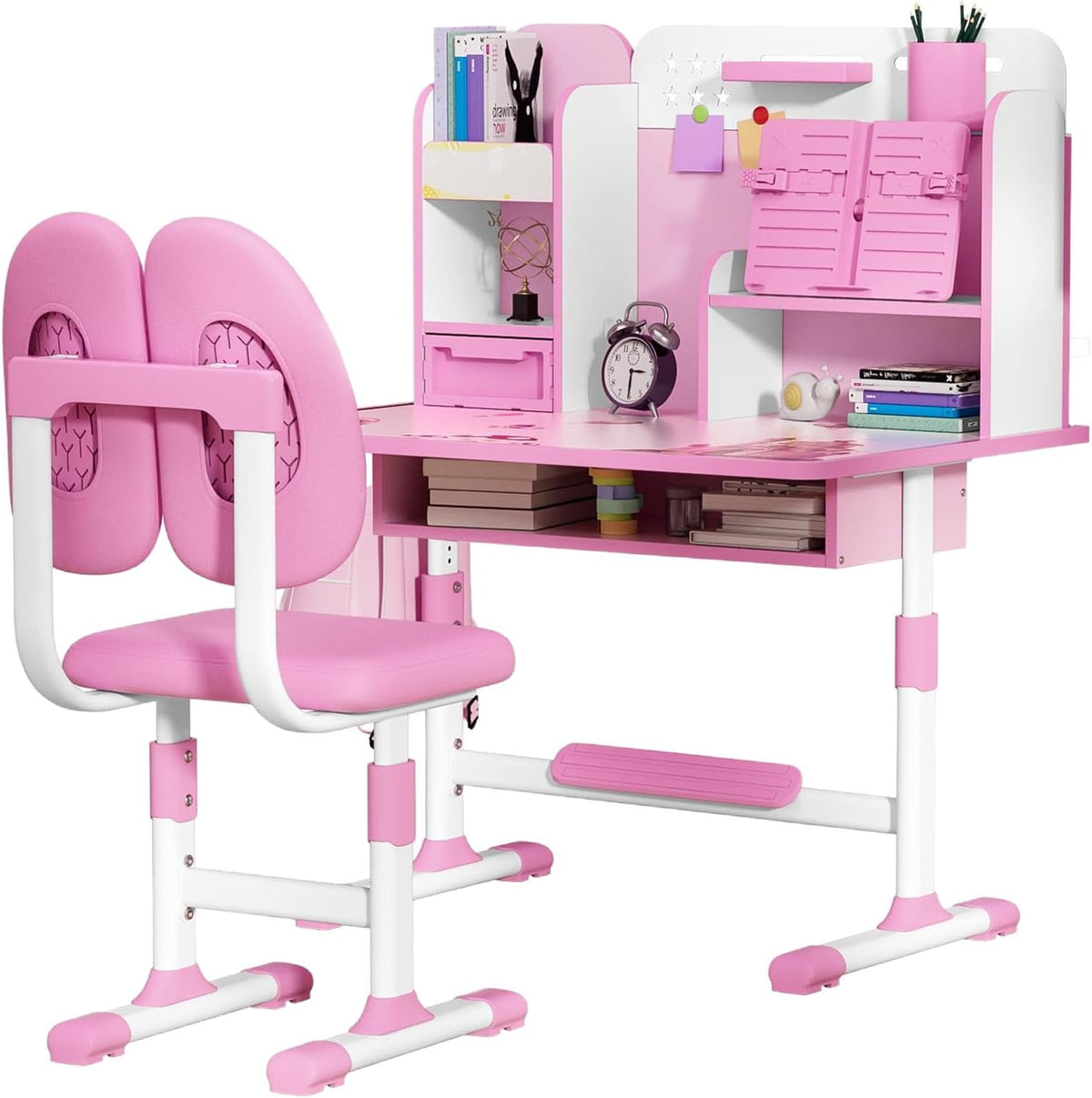 Kids Desk and Chair Set, Height Adjustable Toddler Desk and Chair Set, Children Study Table Chair Set with Sitting Corrector, Kids Art Desk with Storage and Drawers for Bedroom Reading Pink