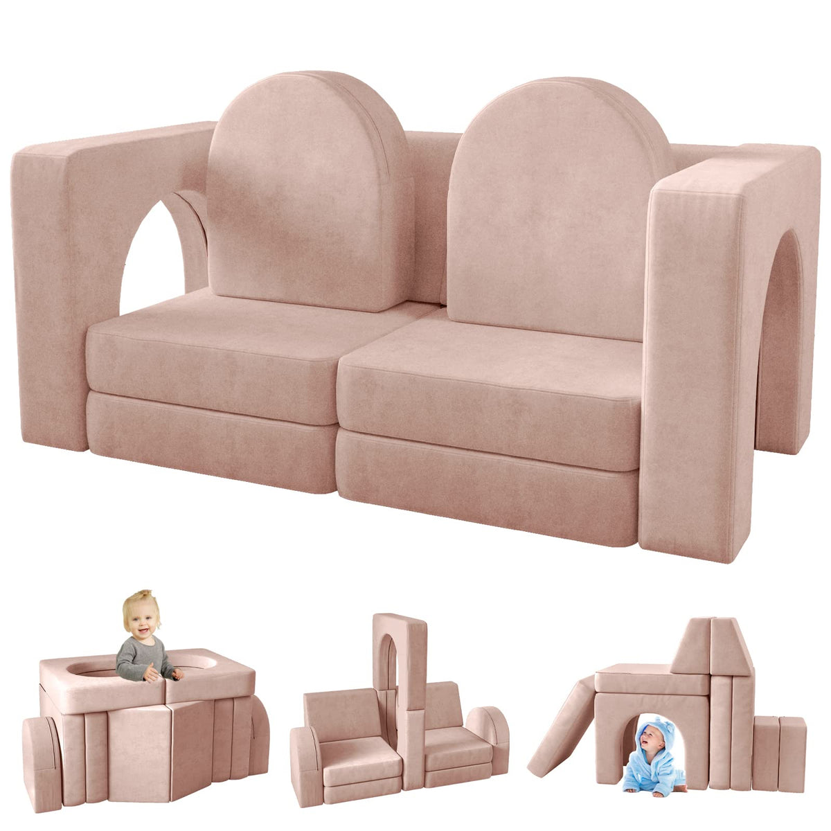wanan Kids Couch 10PCS, Modular Kids Play Couch for Playroom Bedroom, 10 in 1 Multifunctional Kid Sofa for Playing, Creativing, Sleeping, Indoor Toddler Couches for Boys and Girls(Grey)