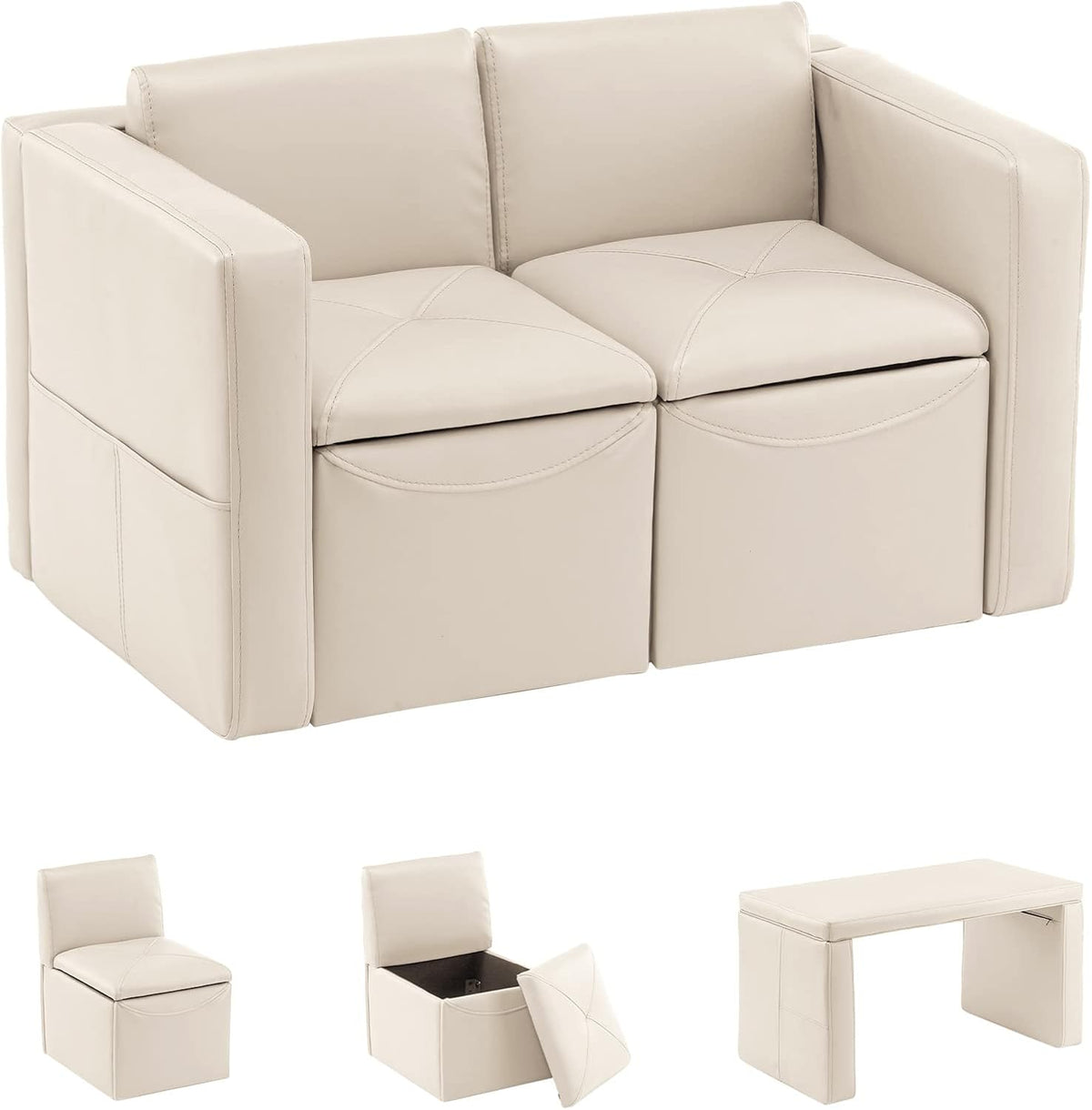 UNICOO –Kids Sofa, 2-in-1 Double Set Sofa Convert to Table & 2 Chairs, Children Boys Girls Couch Armrest Chair with Storage Box (ZKL-111K-Beige)