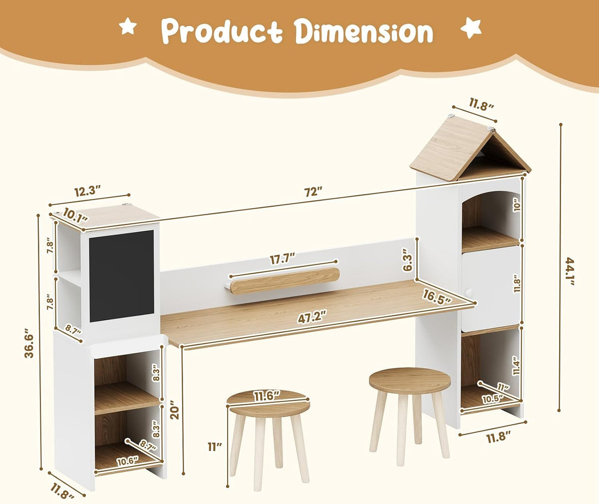 Kids Desk with Blackboard & 2 Stools