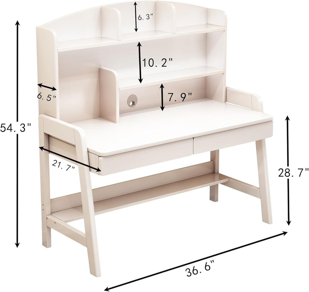 Kids Desk＆Table with Drawers and Bookshelf Wooden Kid's Media Student Learning Computer Workstation and Writing Desk (White)