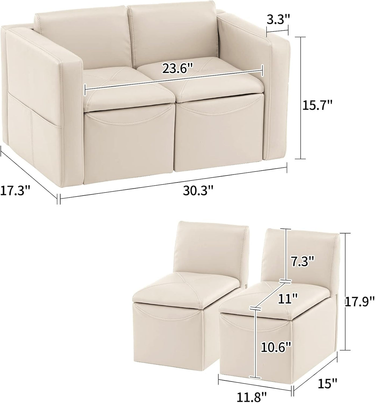 UNICOO –Kids Sofa, 2-in-1 Double Set Sofa Convert to Table & 2 Chairs, Children Boys Girls Couch Armrest Chair with Storage Box (ZKL-111K-Beige)