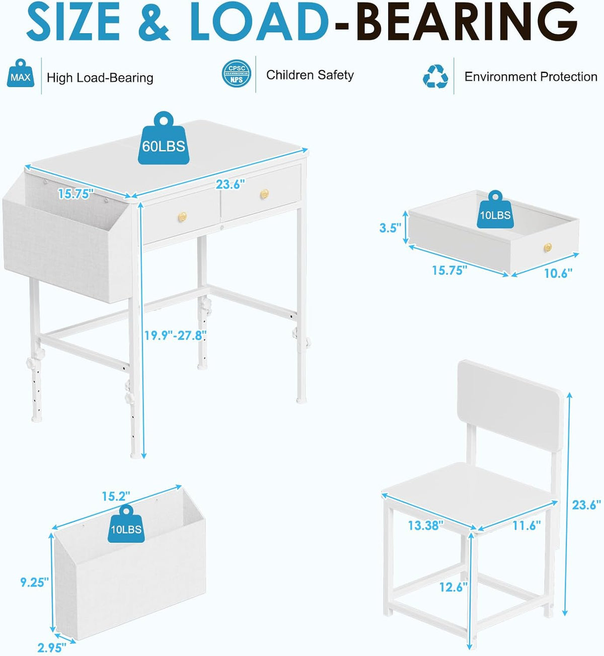 Height Adjustable Kids Desk and Chair Set, Study Table for 3-12 Boys Girls