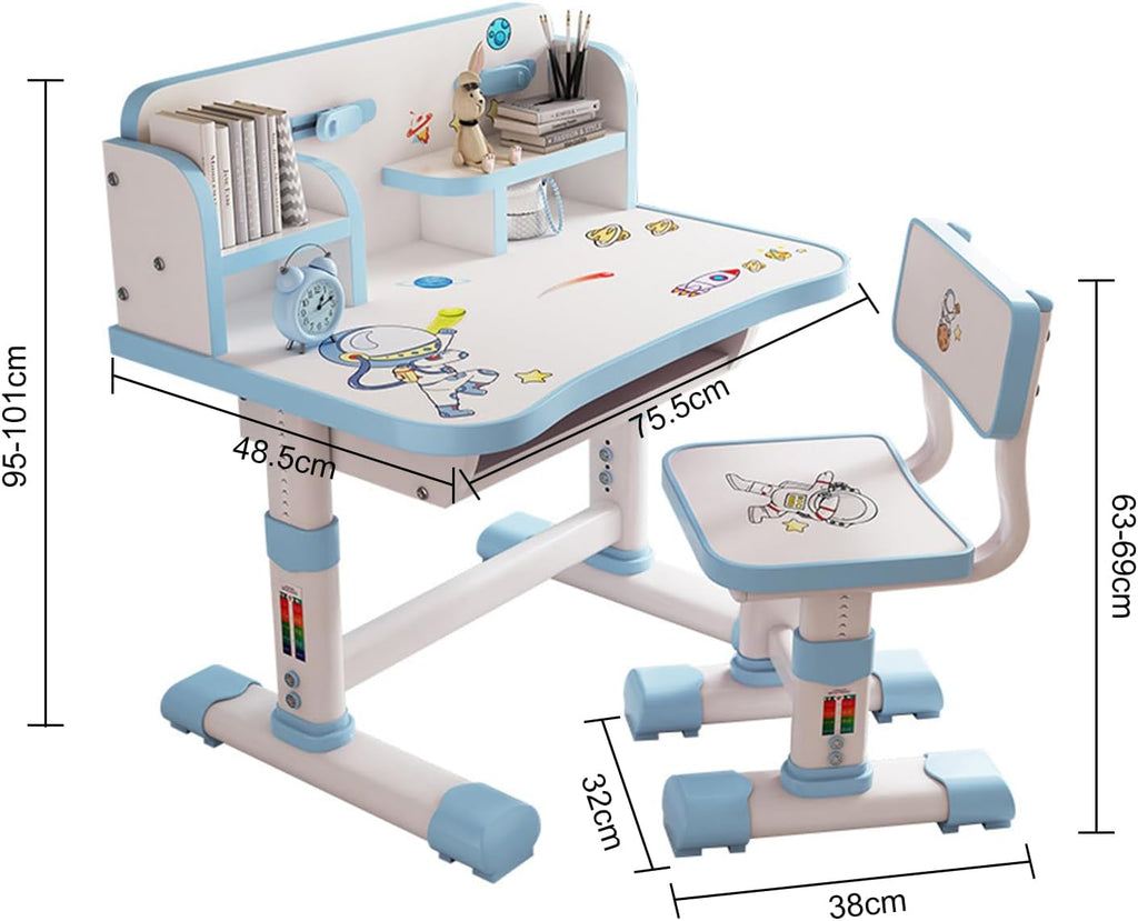 Kids Desk and Chair Set, Height Adjustable Astronaut Pattern Children School Desk with Shelf & Large Drawers, Kids Writing Study Table for Boys Girls 3+ (Blue H)