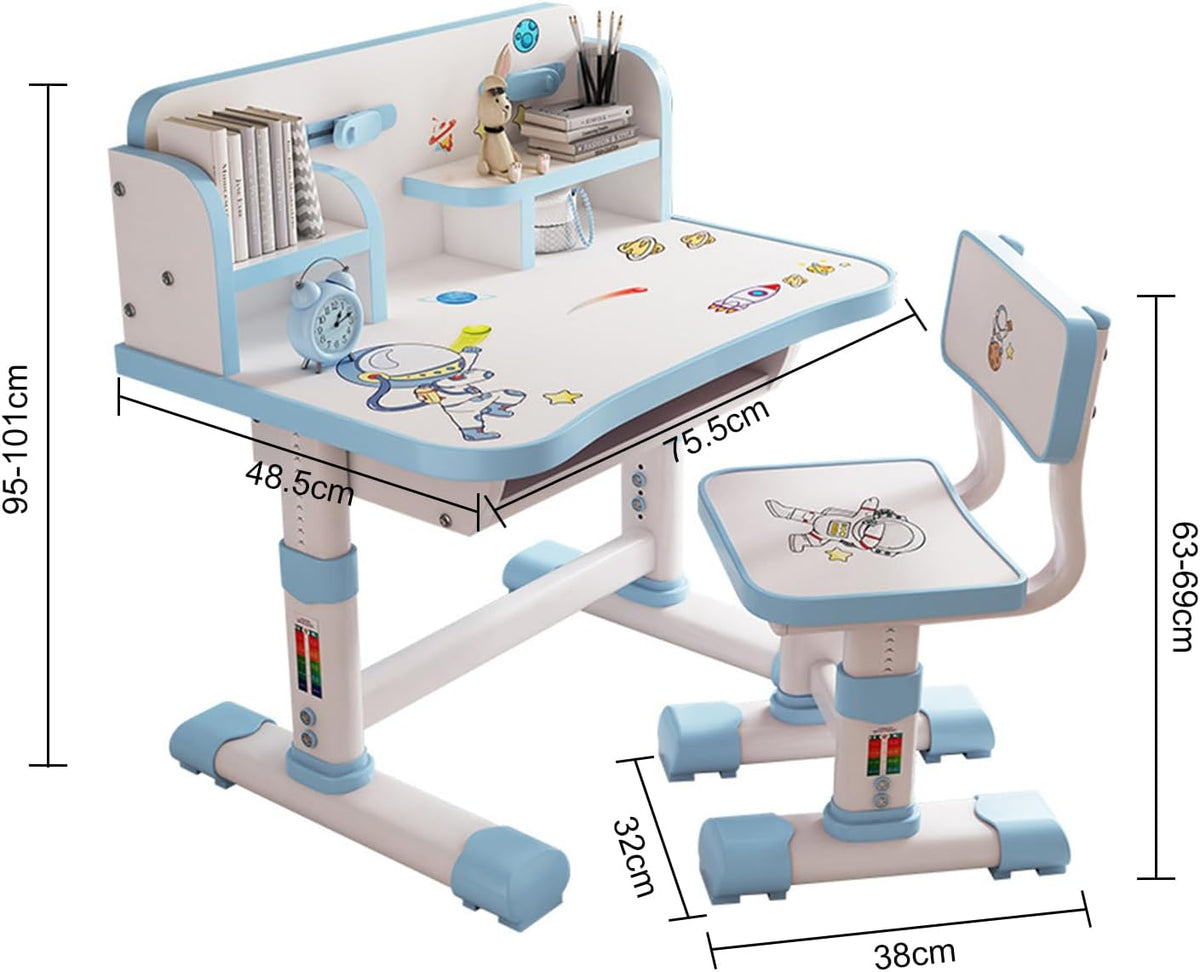 Kids Desk and Chair Set, Height Adjustable Astronaut Pattern Children School Desk with Shelf & Large Drawers, Kids Writing Study Table for Boys Girls 3+ (Blue H)