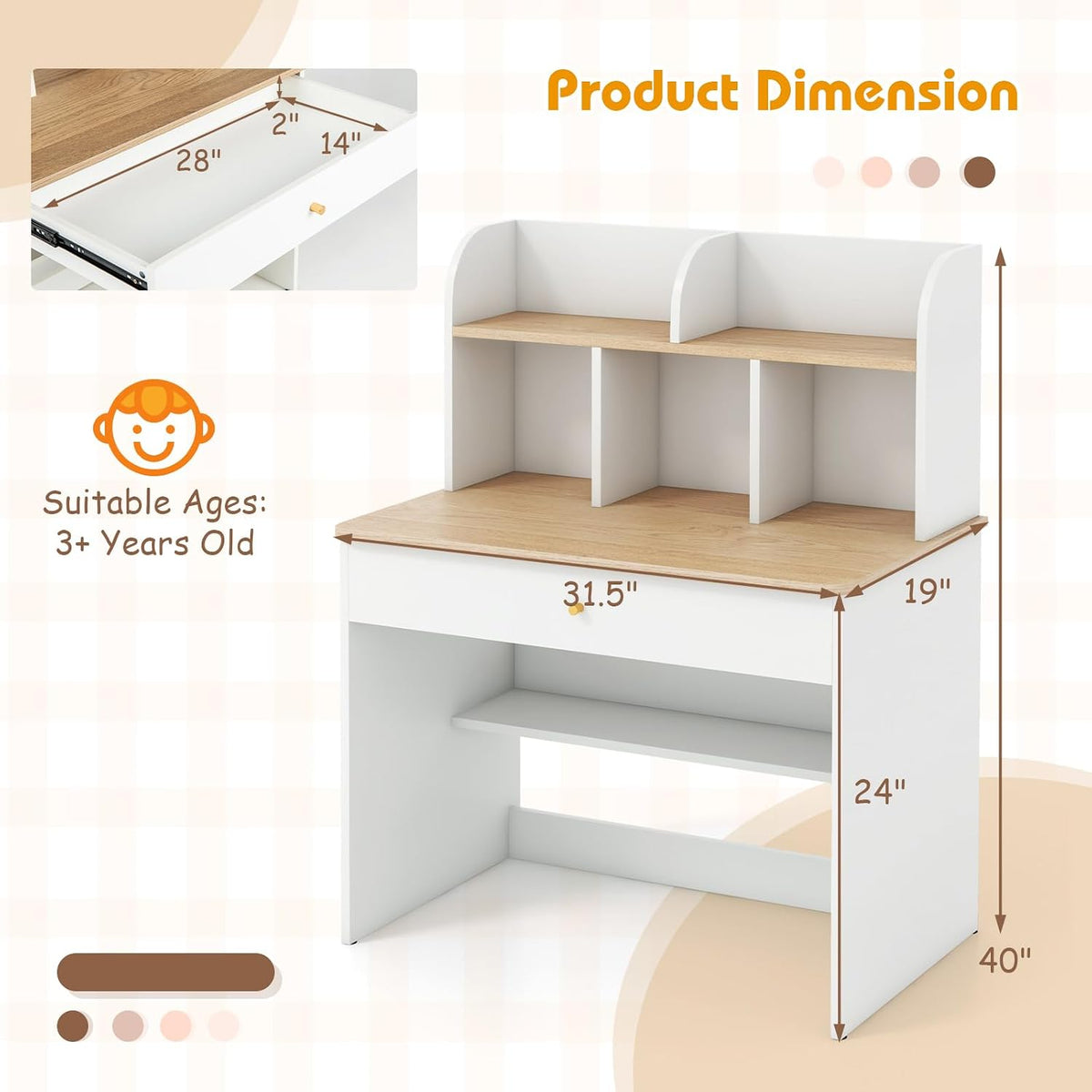 Costzon Kids Desk, Wooden Children Study Desk with Hutch, Large Drawer & Open Storage Shelf for Home School Writing, Reading or Drawing, Student Table Computer Workstation for 3+ Boys Girls (White)