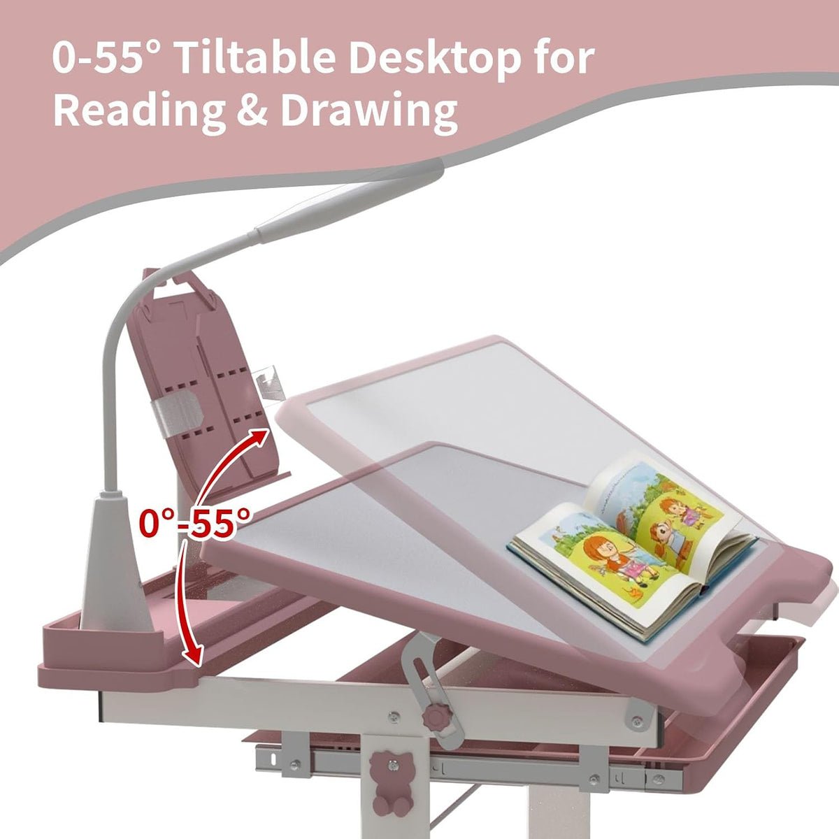 Height Adjustable Pink Desk and Chair 2PCS Set for Kids Aged 4-12