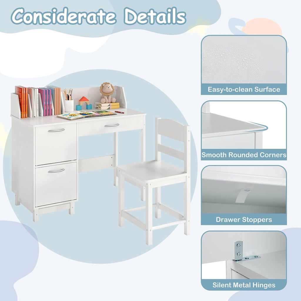 HONEY JOY Kids Desk and Chair Set, Wooden Children School Study Table and Chair w/Drawer, Storage Shelf & Cabinets, Student Computer Workstation Writing Desk for Bedroom, 3-8 Years Old (White)