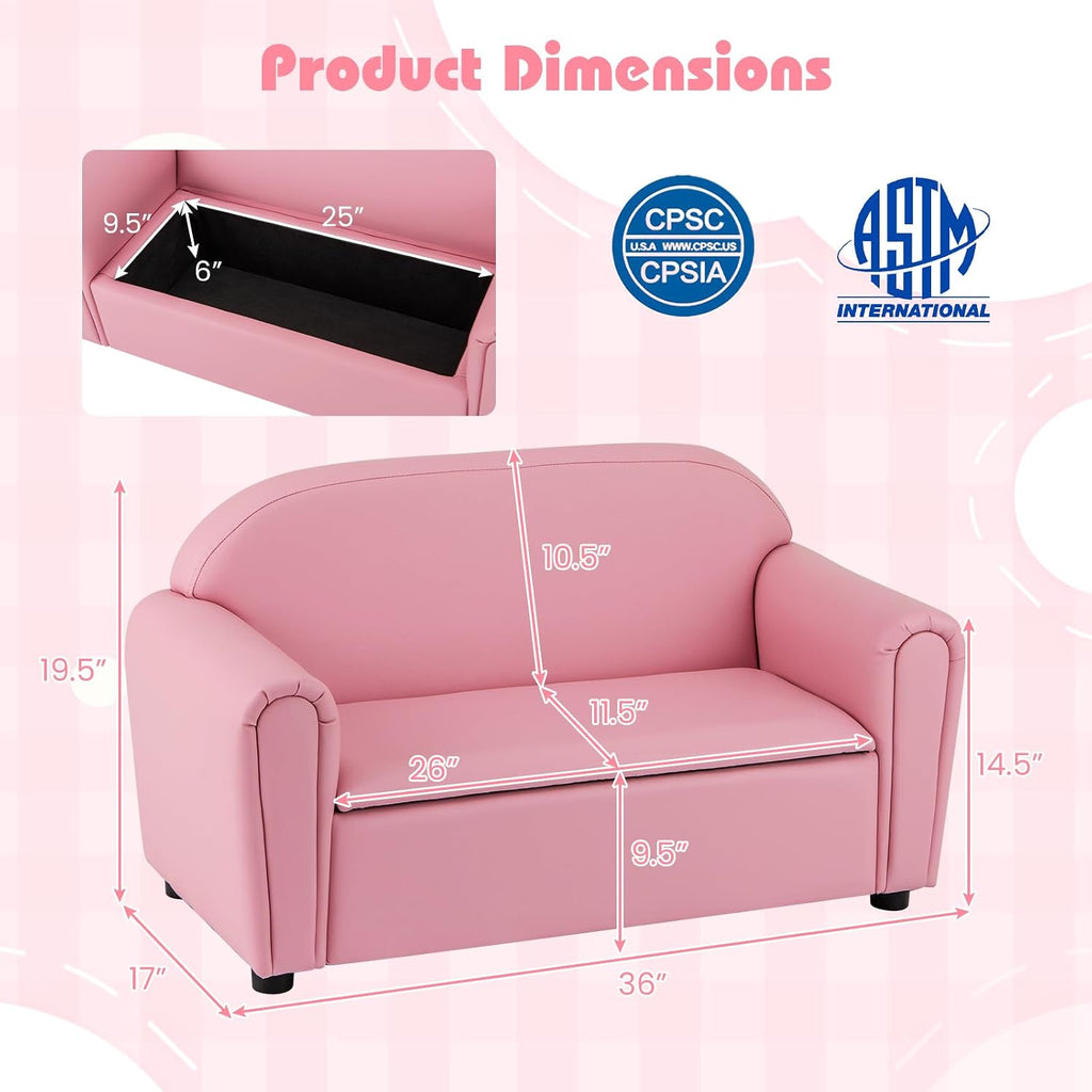 HONEY JOY Kids Sofa, 2 Seats Couch Armrest Chair, Toddler Lounge Bed with Wood Frame, Storage Box, Children Sized Sofa for Living Room, Bedroom (Pink)