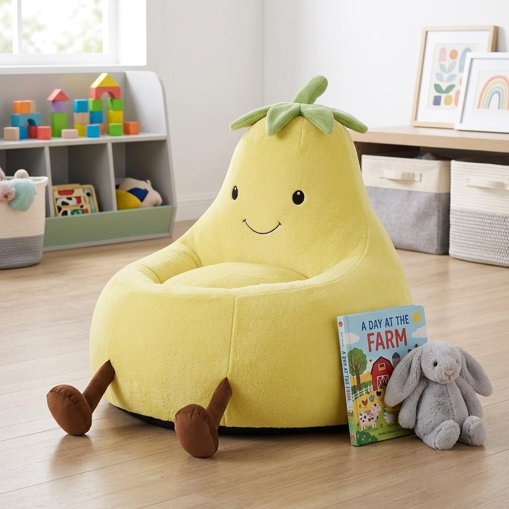 Kids Bean Bag Chair, Yellow Cartoon Animal Plush Floor Sofa with Faux Rabbit Fur Cover, Comfy Reading Chair for Toddlers & Teens, 24 Inch