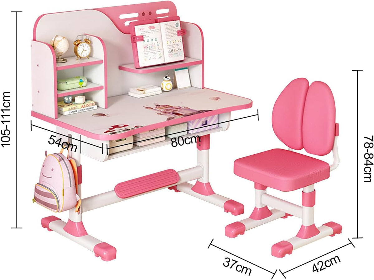 Talent Star Kids Desk and Chair Set,Adjustable Girls School Writing Study Table,Ergonomic Desk Chair with Large Writing Board Pull Out Drawer Book Stand (Pink & Blue) (Pink)