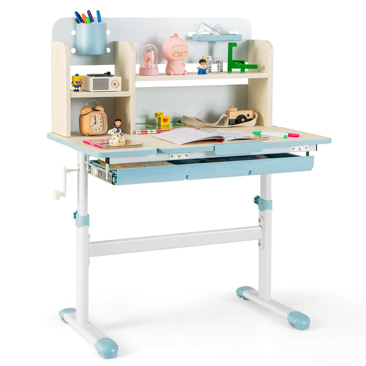 Costzon Kids Study Desk, Height Adjustable Children School Desk with Storage, Tilt Desktop, Pen Holder & Scale Ruler, Student Computer Desk Writing Table for Home School Use, Desk for Kids (Grey)