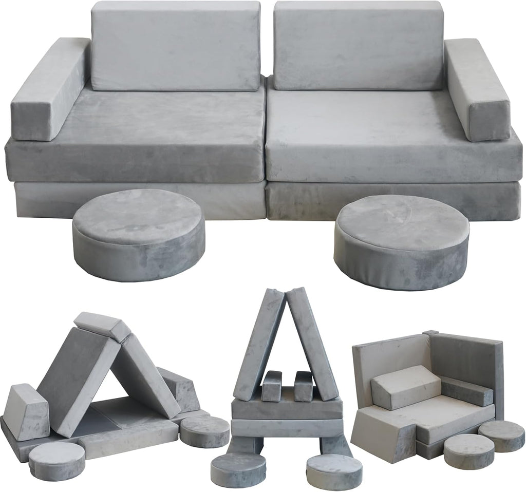 Modular Kids Play Couch, Kids Sectional Couch Sofa, Bedroom and Playroom Convertible Foam for Toddlers, Floor Cushion for Imaginative Boys and Girls (Light Grey-Suede)