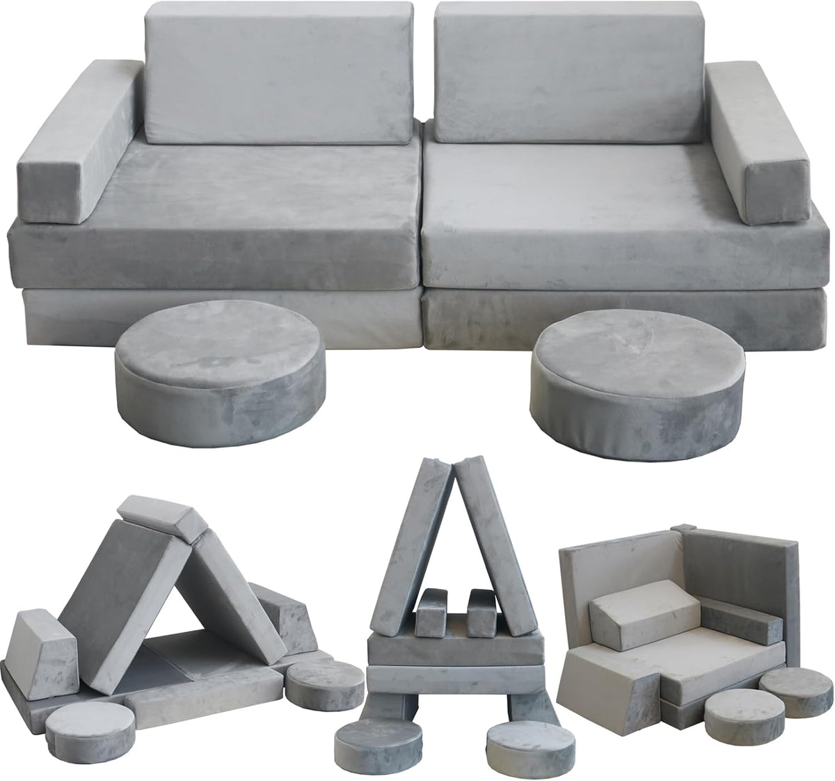 Modular Kids Play Couch, Kids Sectional Couch Sofa, Bedroom and Playroom Convertible Foam for Toddlers, Floor Cushion for Imaginative Boys and Girls (Light Grey-Suede)